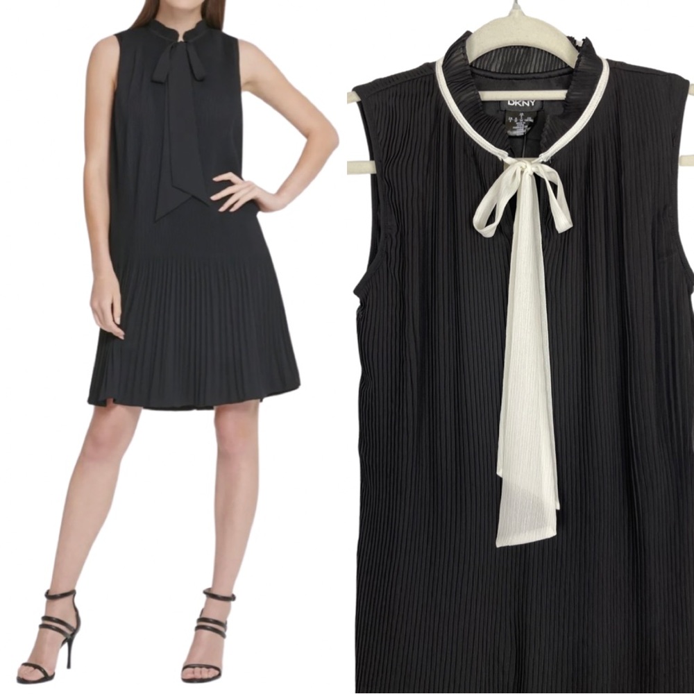 DKNY black and crème fit and flare pleated dress NWT